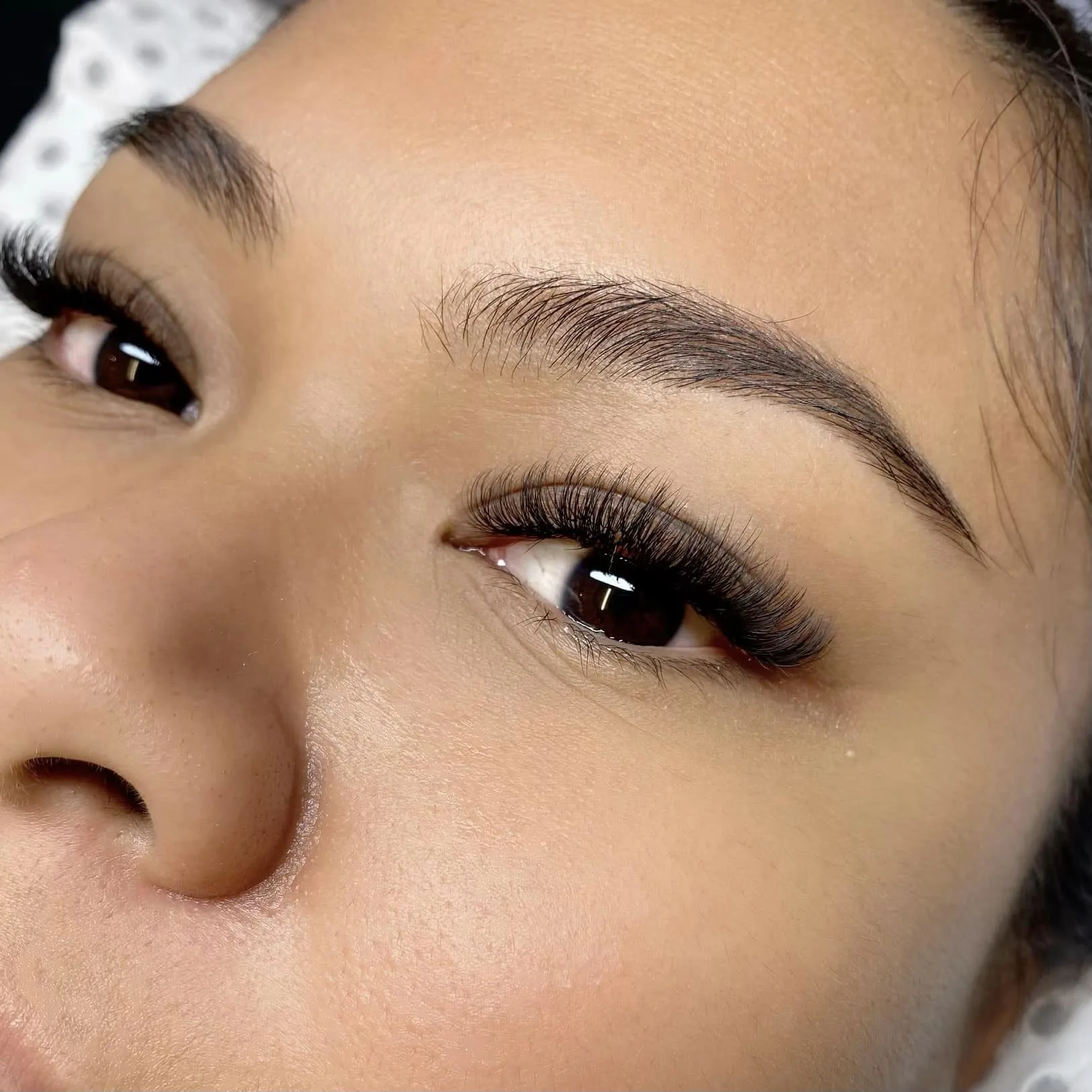 Pristine macro of finished lash extensions and shaped brow — Forever Young Werribee work