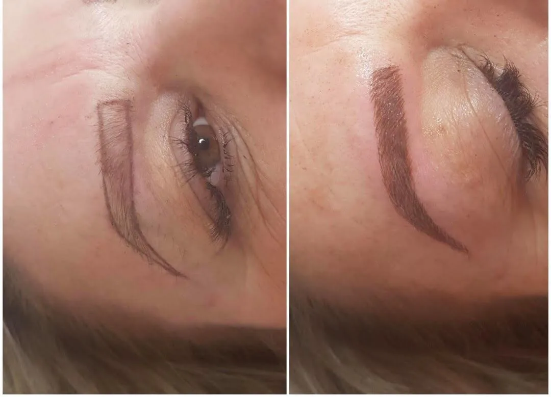 Cosmetic brow feathering before and after — two side profile panels
