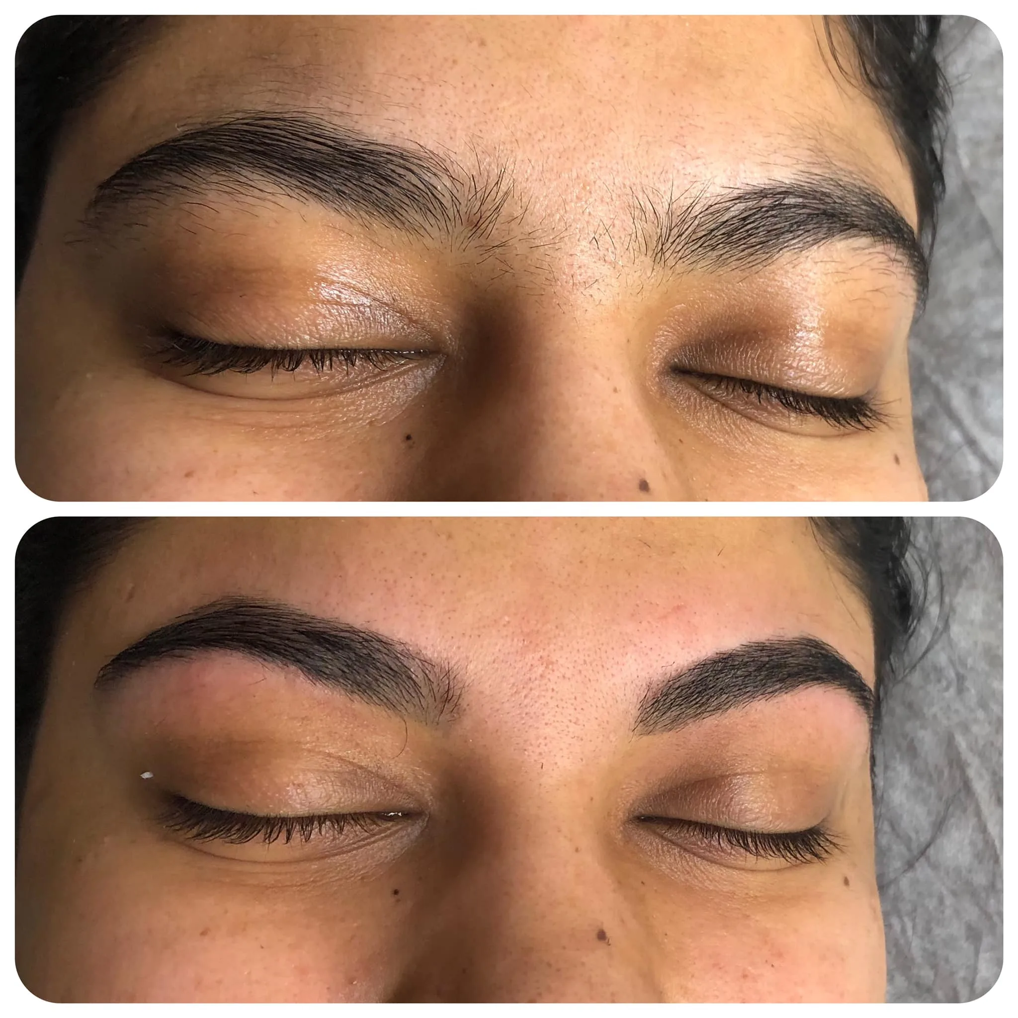 Eyebrow shape and tint before-and-after showing precise groomed brows